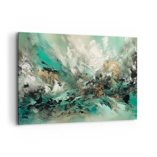 Impression sur toile - Image sur toile - Paysage abstrait dans les tons de vert et d'or - 120x80cm - Ressac émeraude et noir - Décoration murale moderne pour le salon et la chambre ARTTOR
