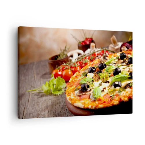 Impression sur toile - Image sur toile - Pizza aux olives, basilic et ingrédients frais sur fond de bois - 70x50cm - Des ingrédients telluriques - Décoration murale moderne pour le salon et la chambre ARTTOR