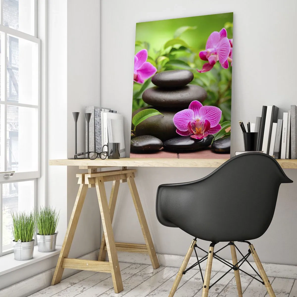 Impression sur verre - Image sur verre - Orchidées roses et pierres noires dans un cadre tranquille - 50x70cm - Pyramide de la Paix - Décoration murale moderne pour le salon et la chambre ARTTOR