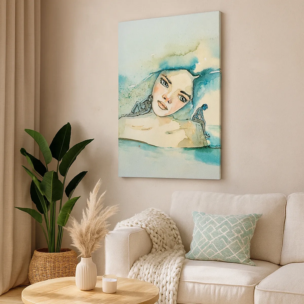 Impression sur toile - Image sur toile - Aquarelle d'un visage de femme avec un motif réfléchissant - 50x70cm - Suis-je bleu? - Décoration murale moderne pour le salon et la chambre ARTTOR