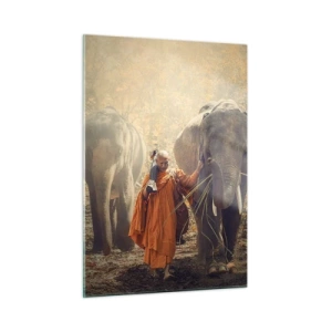 Impression sur verre - Image sur verre - Un moine avec deux éléphants dans un décor forestier - 50x70cm - Compréhension totale - Décoration murale moderne pour le salon et la chambre ARTTOR