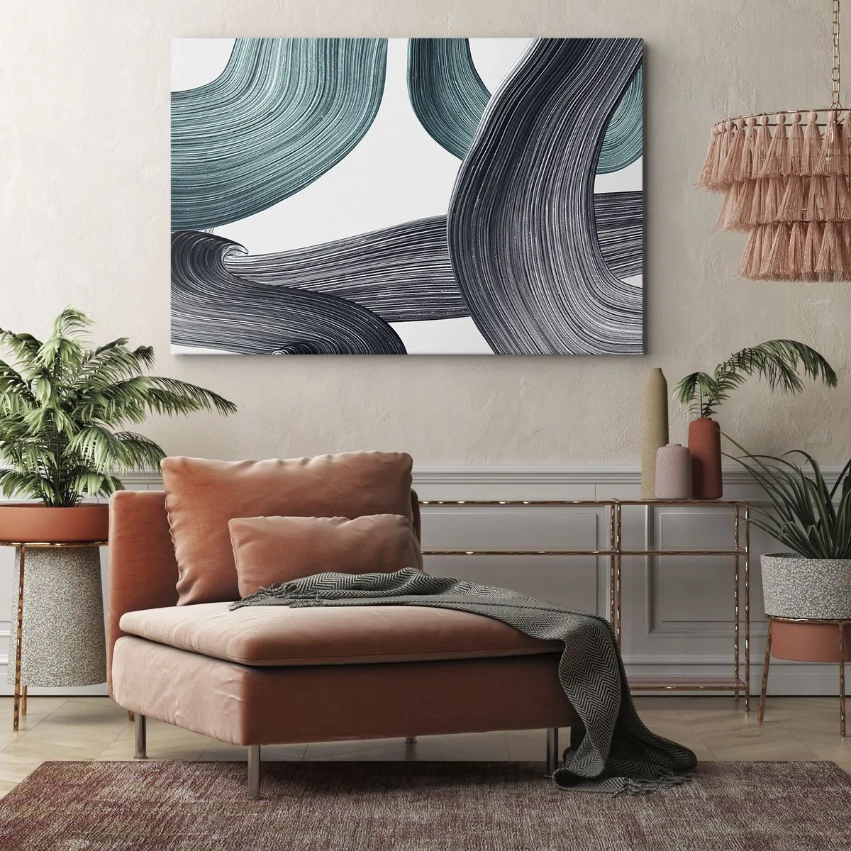 Impression sur toile - Image sur toile - Lignes abstraites fluides dans des tons de vert et de gris - 70x50cm - Sentiers émeraude et noirs - Décoration murale moderne pour le salon et la chambre ARTTOR