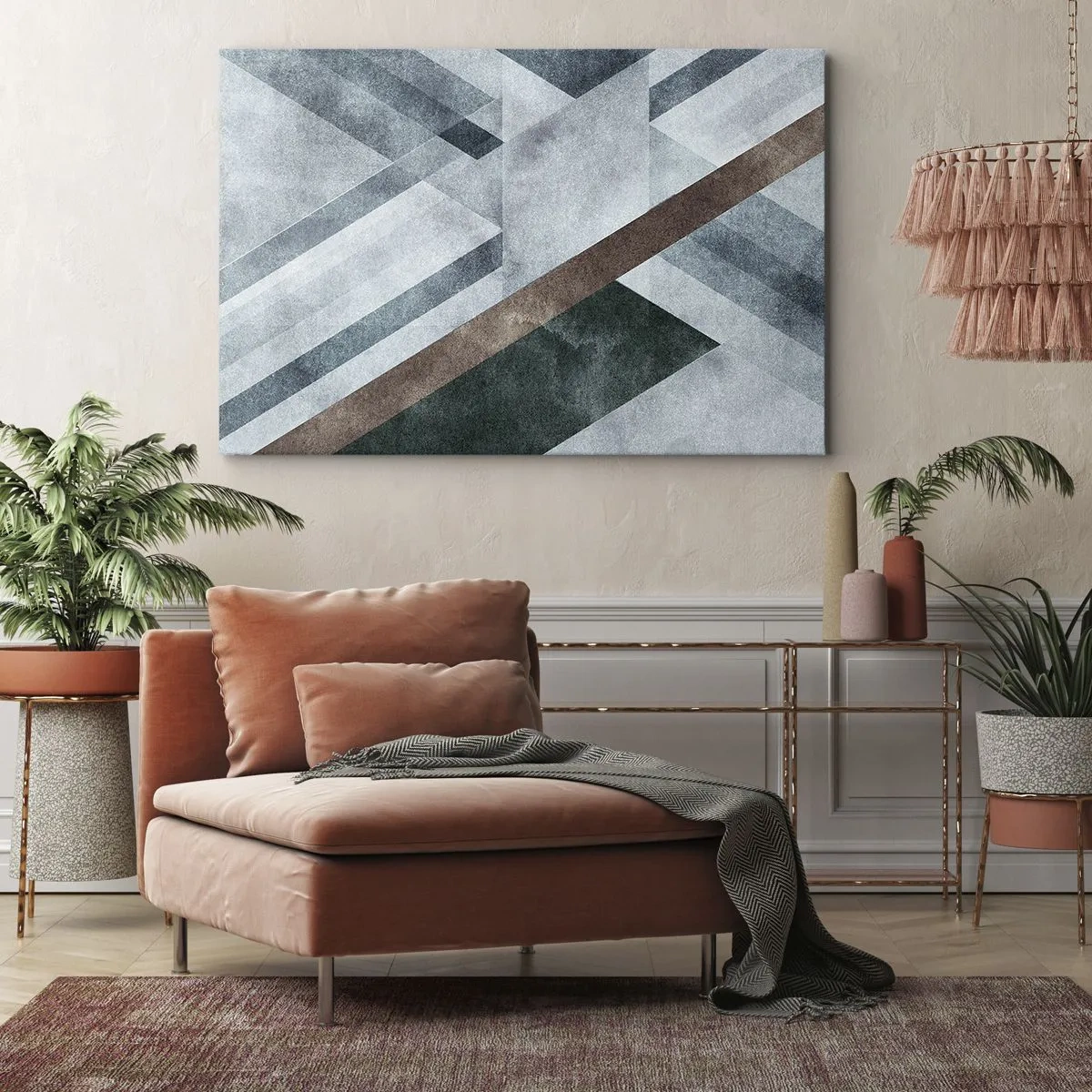Impression sur toile - Image sur toile - Formes géométriques dans des tons froids de bleu et de marron - 70x50cm - Élégance sophistiquée de la géométrie - Décoration murale moderne pour le salon et la chambre ARTTOR