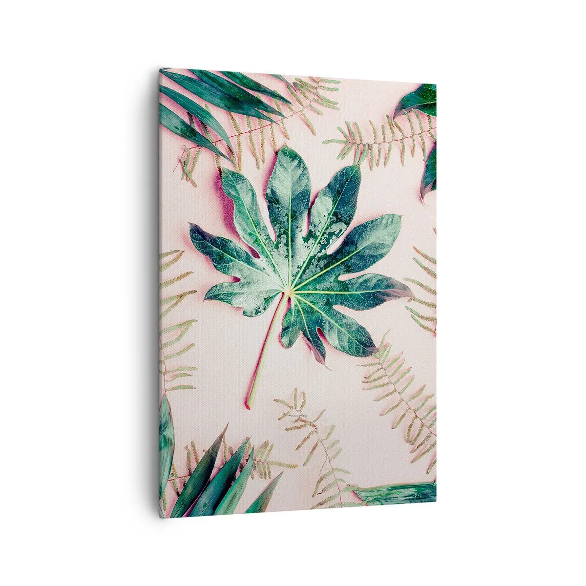 Impression sur toile - Image sur toile - Feuilles tropicales sur fond pastel clair - 70x100cm - Étude de verdure sur fond rose - Décoration murale moderne pour le salon et la chambre ARTTOR