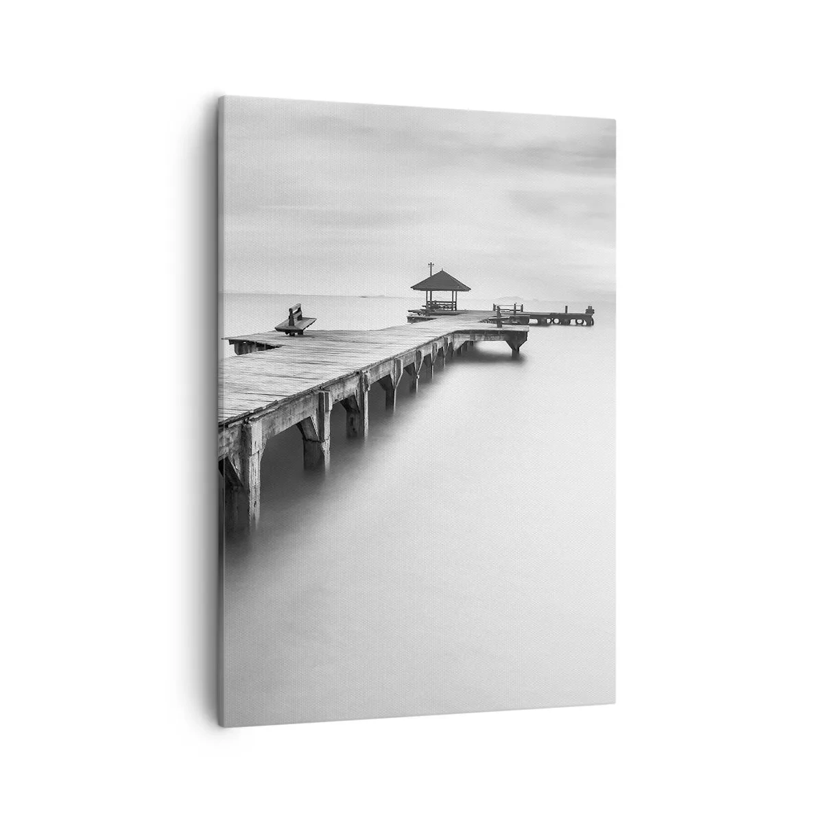 Impression sur toile - Image sur toile - Une vue en noir et blanc d'une jetée en bois sur une eau calme. - 50x70cm - À l'horizon - Décoration murale moderne pour le salon et la chambre ARTTOR
