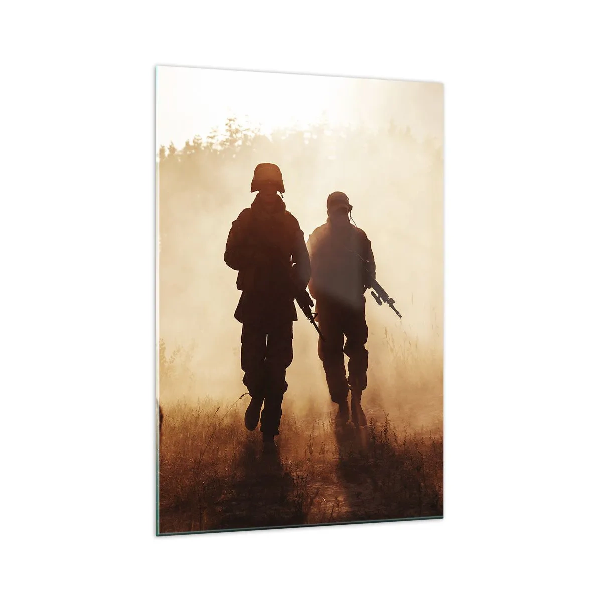 Impression sur verre - Image sur verre - Des soldats marchant dans le brouillard matinal sur fond de nature - 70x100cm - Call of Duty - Décoration murale moderne pour le salon et la chambre ARTTOR