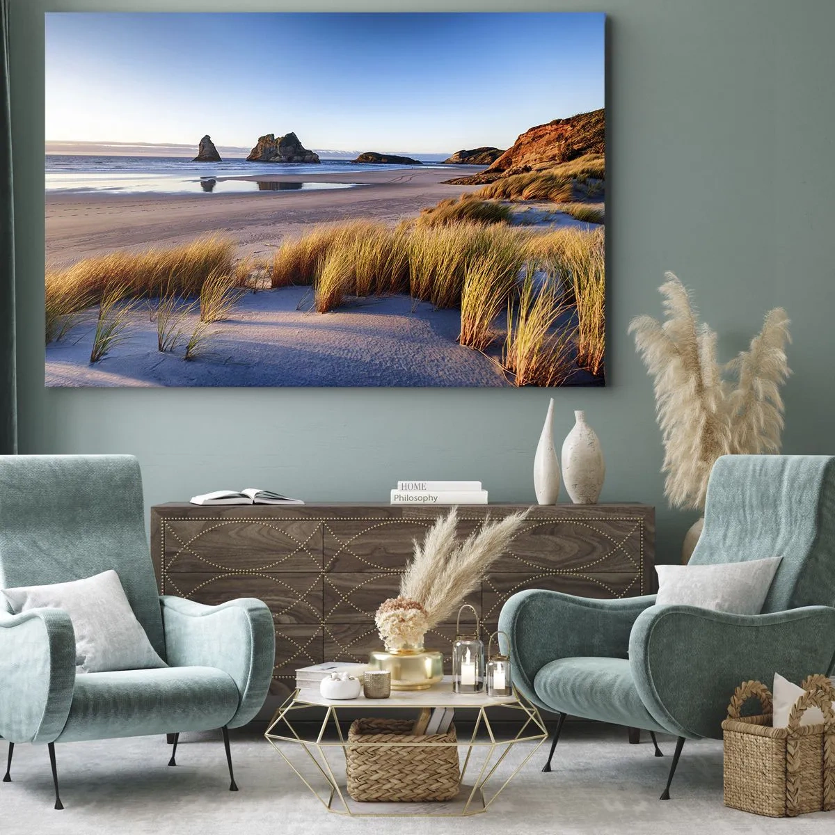 Impression sur toile - Image sur toile - Une plage pittoresque avec vue sur les rochers et la mer au coucher du soleil - 100x70cm - Pour les chercheurs de paix - Décoration murale moderne pour le salon et la chambre ARTTOR