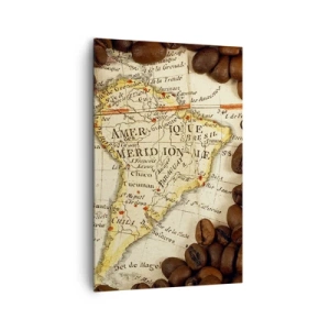 Impression sur toile - Image sur toile - Une carte de l'Amérique du Sud entourée de grains de café. - 80x120cm - D'où vient le meilleur café ? - Décoration murale moderne pour le salon et la chambre ARTTOR