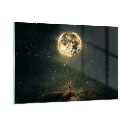 Impression sur verre - Image sur verre - Une figure sur un rocher tenant la lune, qui est piégée sur une corde. - 120x80cm - Celui qui a volé la lune - Décoration murale moderne pour le salon et la chambre ARTTOR