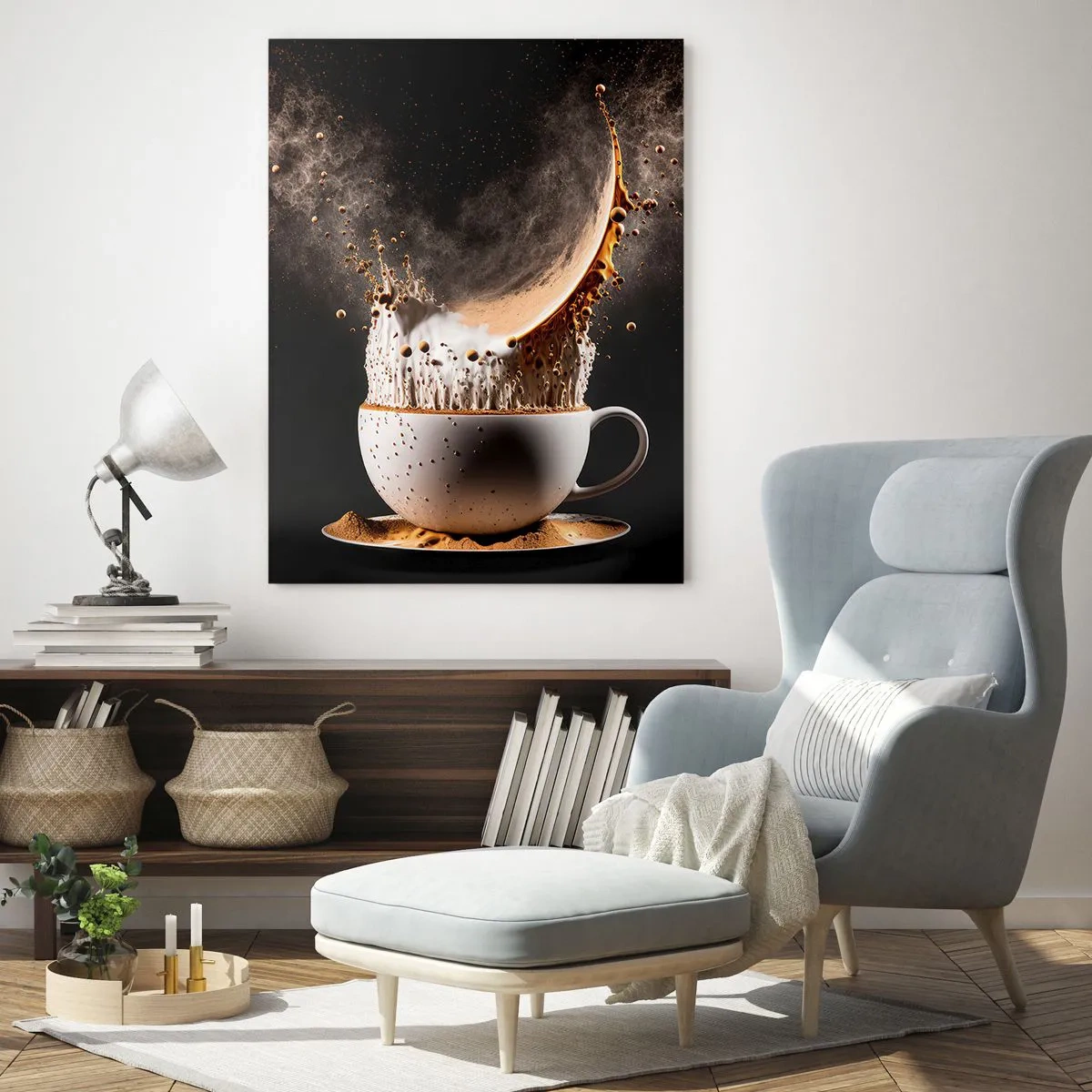 Impression sur verre - Image sur verre - Une tasse de café avec une explosion dynamique de liquide sur fond noir. - 80x120cm - Une explosion de saveur - Décoration murale moderne pour le salon et la chambre ARTTOR