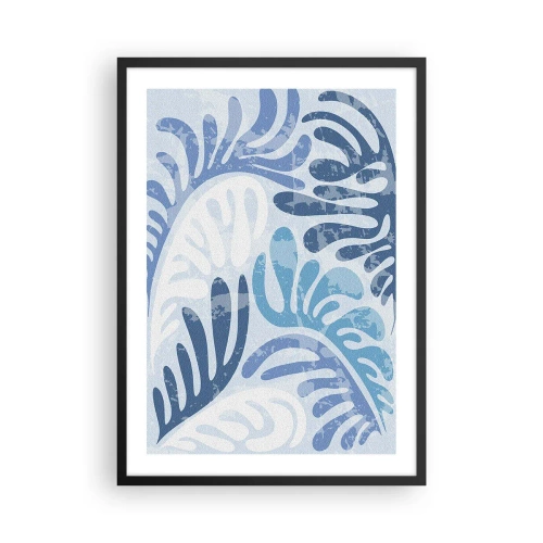 Affiche dans un cadre noir - Poster - Composition abstraite de feuilles dans des tons de bleu - 50x70cm - Fougères bleues - Décoration murale moderne pour le salon et la chambre ARTTOR