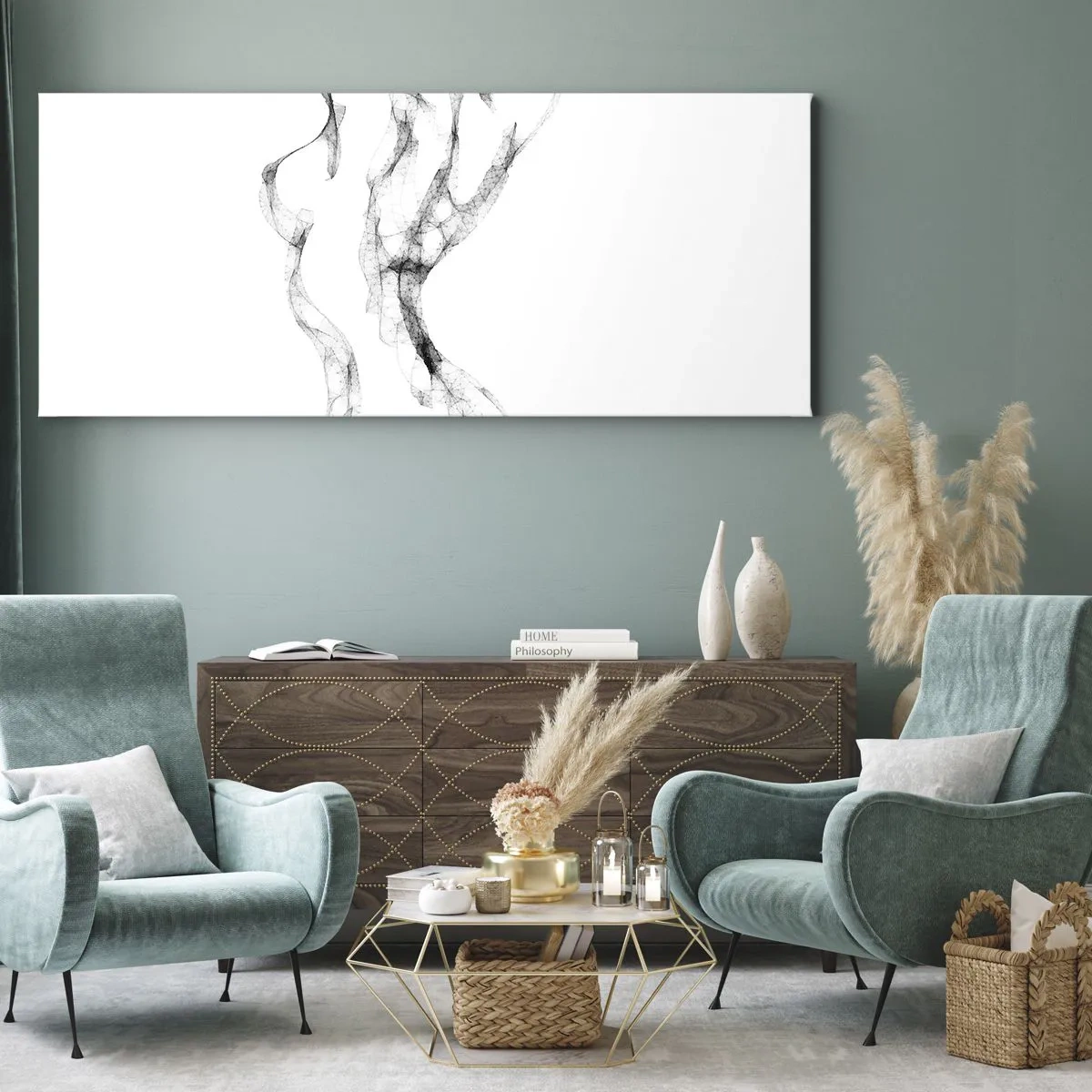 Impression sur toile - Image sur toile - Des lignes délicates et abstraites ressemblant à des traînées de fumée sur un fond clair - 160x50cm - Belle et forte - Décoration murale moderne pour le salon et la chambre ARTTOR