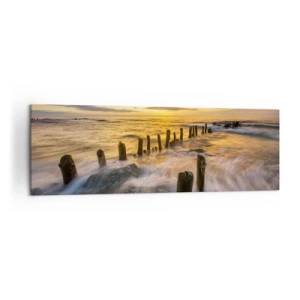 Impression sur toile - Image sur toile - Coucher de soleil sur la mer avec les vestiges d'une ancienne jetée - 160x50cm - La beauté brute de la mer Baltique - Décoration murale moderne pour le salon et la chambre ARTTOR