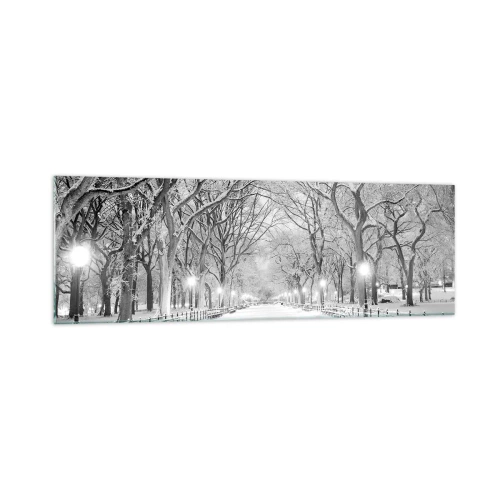 Impression sur verre - Image sur verre - Une allée d'hiver avec des arbres enneigés en monochrome - 160x50cm - Les quatres saisons – l’hiver - Décoration murale moderne pour le salon et la chambre ARTTOR