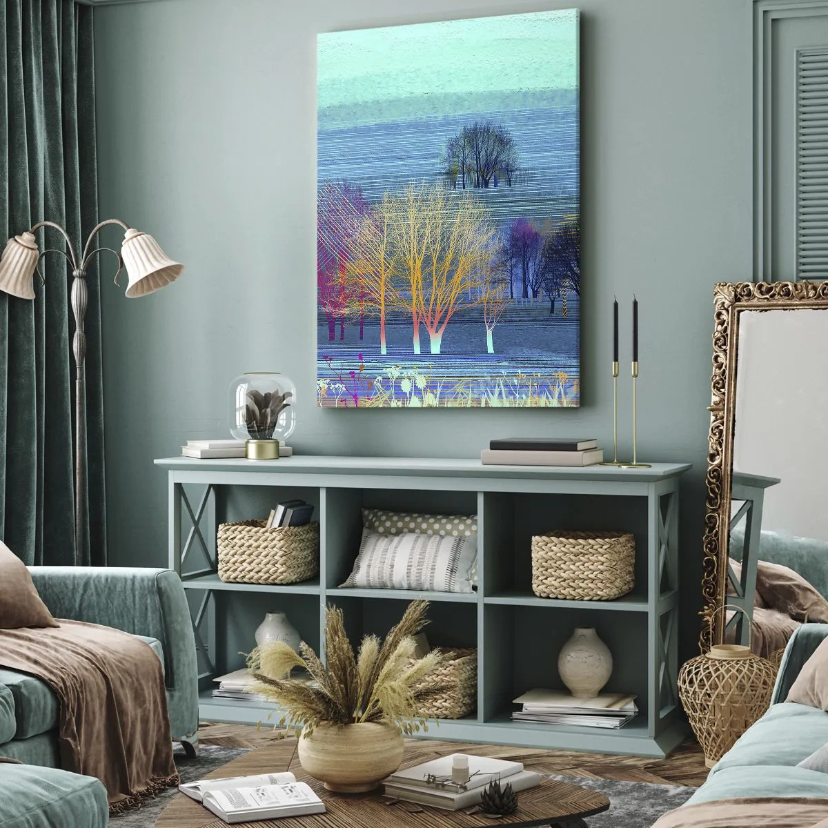 Impression sur toile - Image sur toile - Arbres colorés sur un paysage bleu et minimaliste - 50x70cm - Un paysage soigné - Décoration murale moderne pour le salon et la chambre ARTTOR