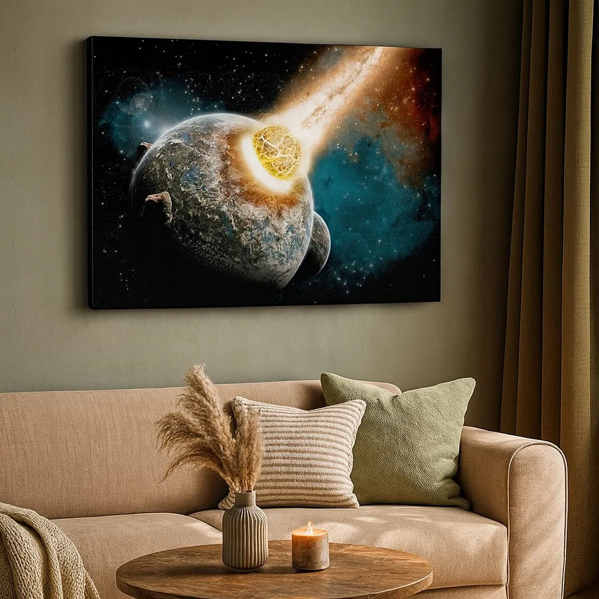 Impression sur toile - Image sur toile - Collision cosmique d'une planète avec un astéroïde à proximité de la galaxie. - 70x50cm - Destruction ou naissance? - Décoration murale moderne pour le salon et la chambre ARTTOR