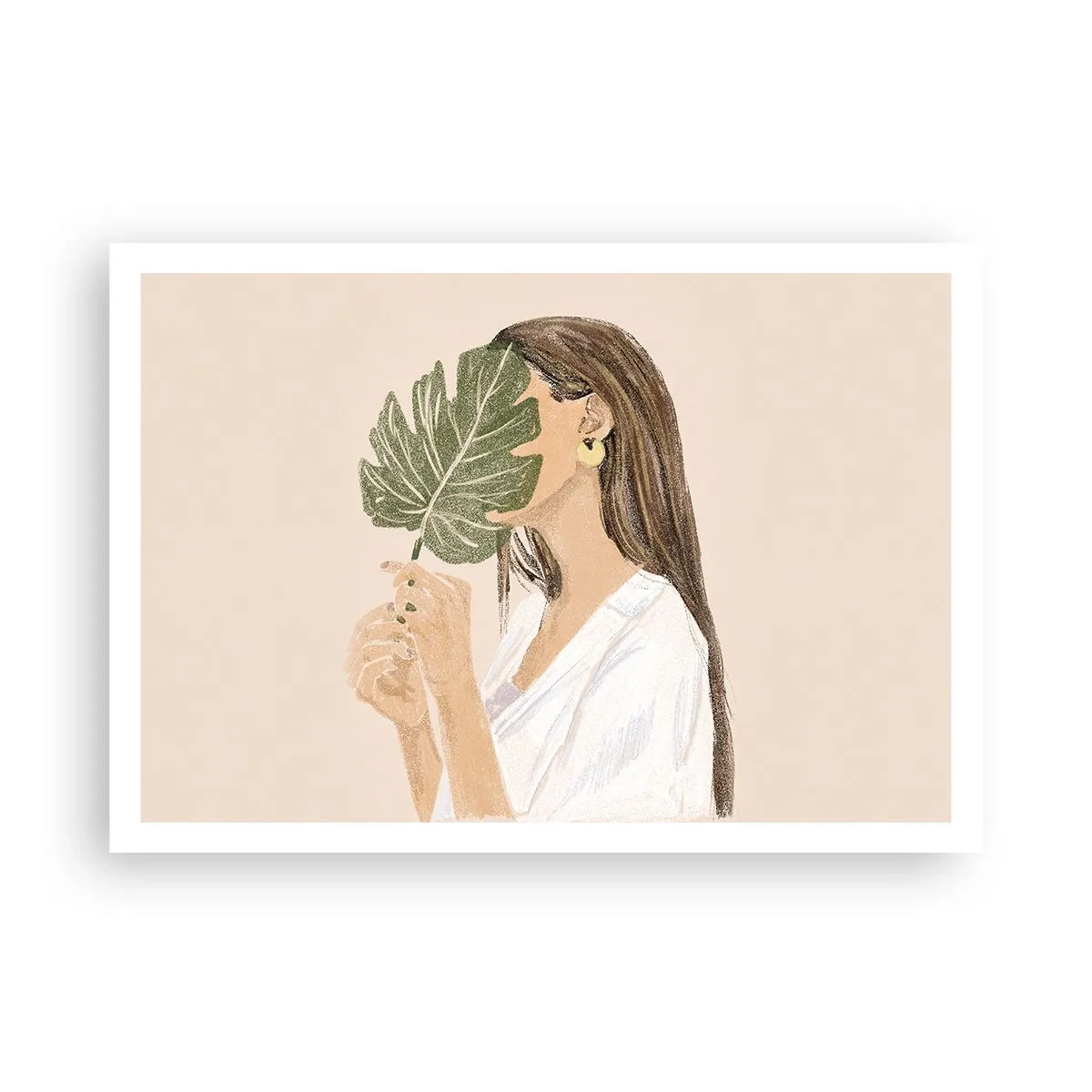 Affiche - Poster - Portrait d'une femme avec une feuille de monstera sur fond beige - 100x70cm - Portrait mystérieux avec un éventail - Décoration murale moderne pour le salon et la chambre ARTTOR