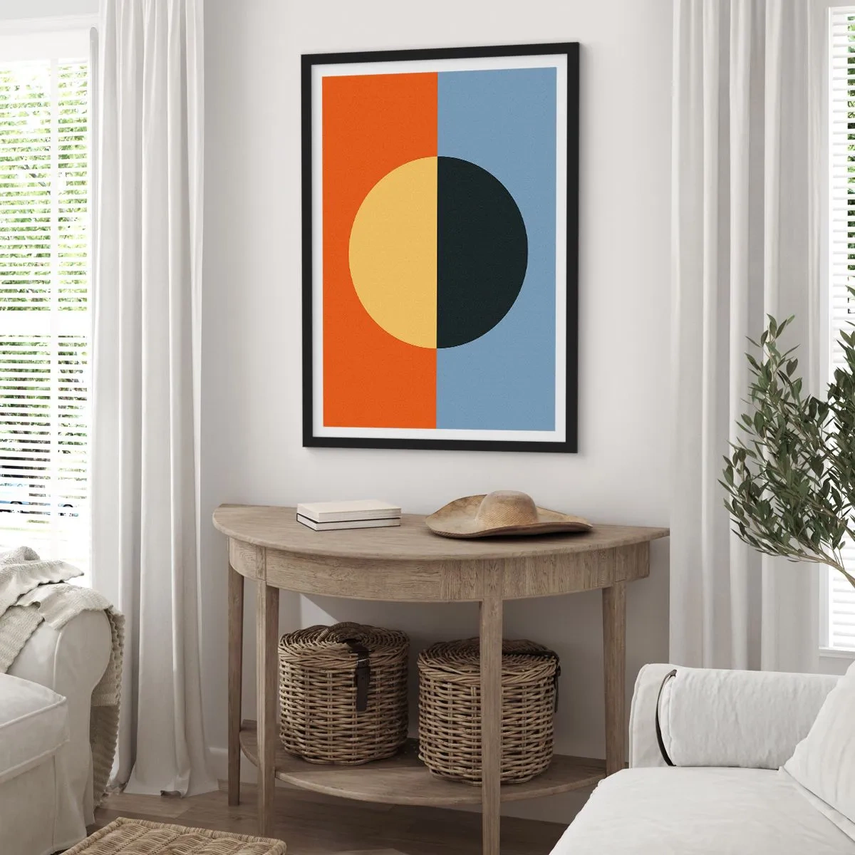 Affiche dans un cadre noir - Poster - Composition géométrique avec un cercle et des couleurs contrastées - 50x70cm - Composition de chaleur et de fraîcheur - Décoration murale moderne pour le salon et la chambre ARTTOR
