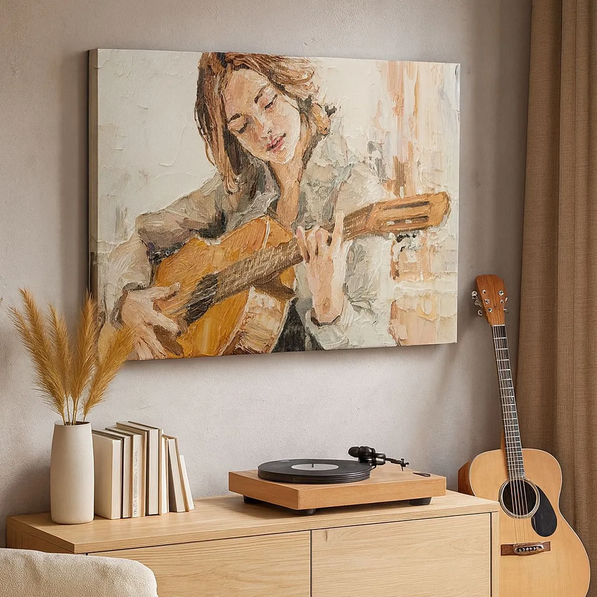 Impression sur toile - Image sur toile - Portrait d'une fille jouant de la guitare dans un style pictural aux couleurs chaudes. - 70x50cm - Concerto pour guitare et coeur de fille - Décoration murale moderne pour le salon et la chambre ARTTOR