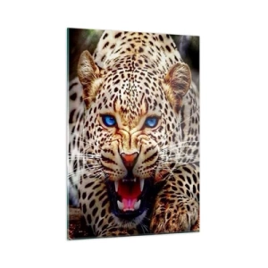 Impression sur verre - Image sur verre - Un léopard féroce aux yeux bleus dans la nature - 50x70cm - La colère de la beauté ne fait pas de mal - Décoration murale moderne pour le salon et la chambre ARTTOR