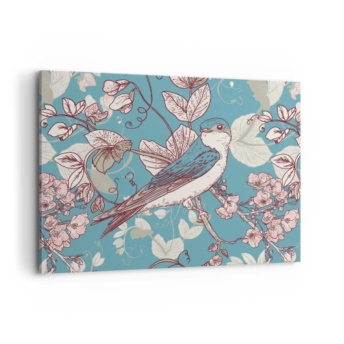 Impression sur toile - Image sur toile - Un oiseau sur une branche dans un style floral délicat - 100x70cm - Dans le bois blanc du rouge et de l'argent - Décoration murale moderne pour le salon et la chambre ARTTOR