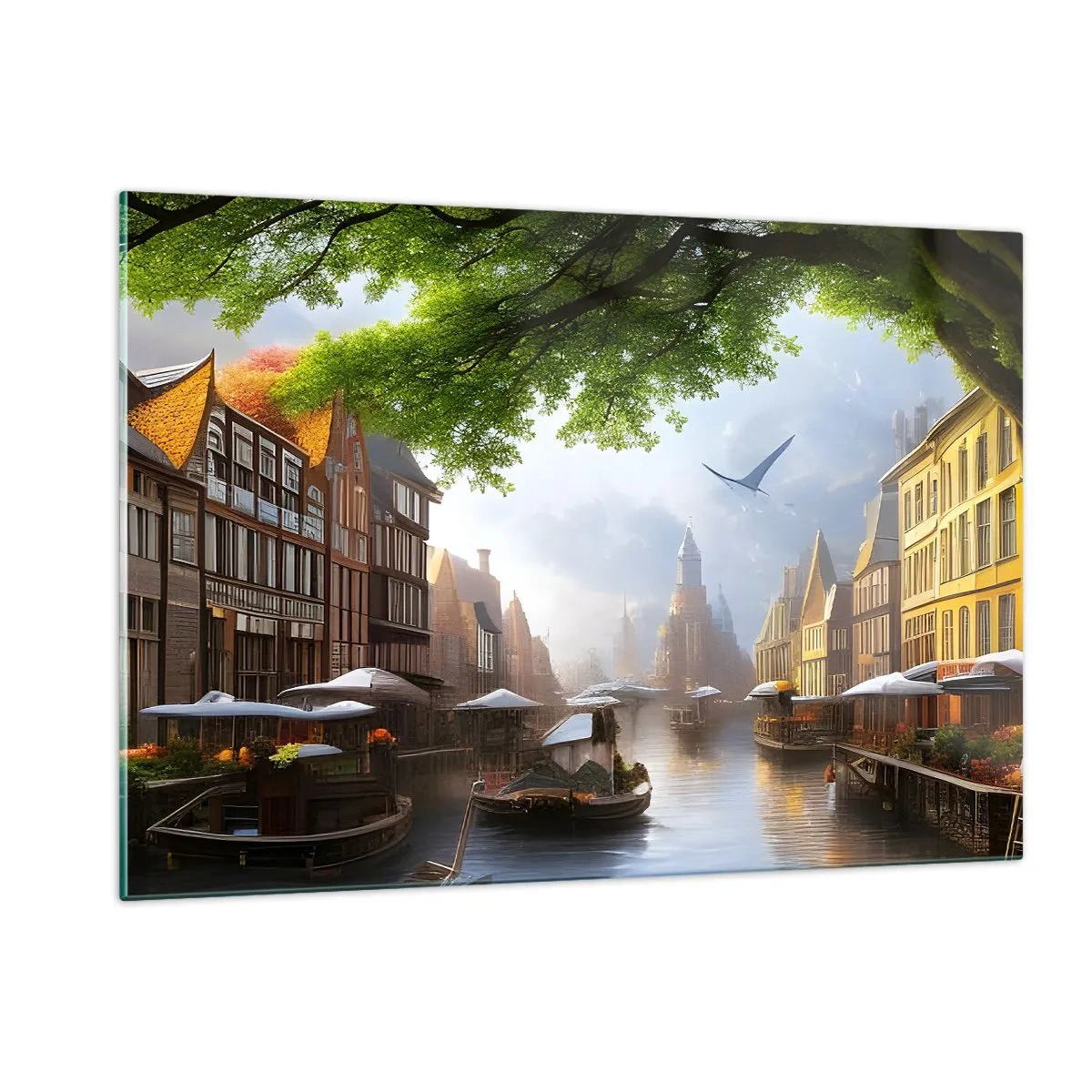 Impression sur verre - Image sur verre - Une vue atmosphérique d'un canal hollandais avec des bateaux et des bâtiments - 120x80cm - Paysage urbain néerlandais - Décoration murale moderne pour le salon et la chambre ARTTOR