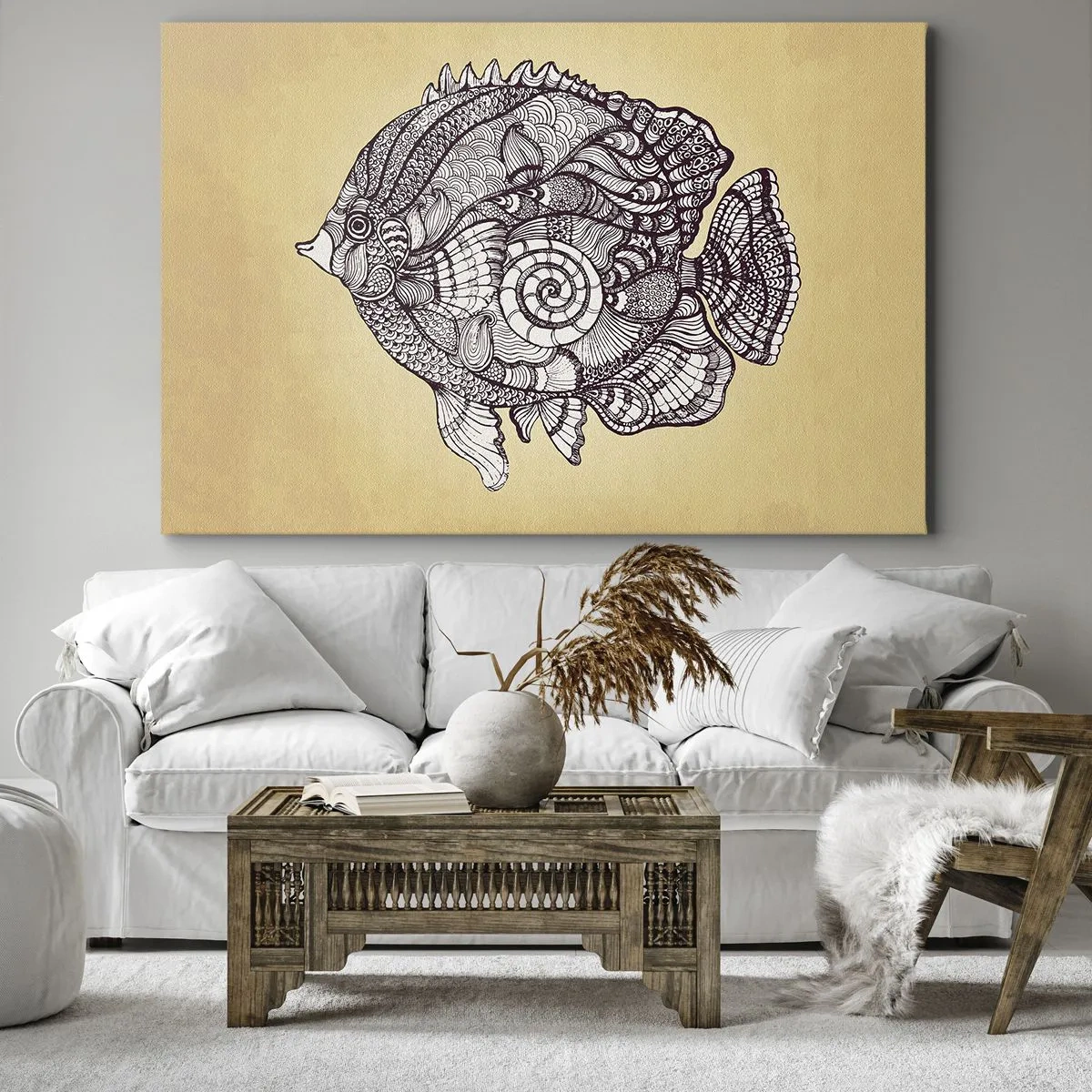 Impression sur toile - Image sur toile - Poisson décoratif dans un style de dessin avec des motifs - 120x80cm - D'un océan d'ornements - Décoration murale moderne pour le salon et la chambre ARTTOR