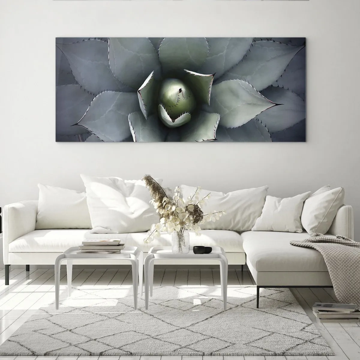 Impression sur verre - Image sur verre - Gros plan d'une rosette d'agave aux délicates nuances de vert - 120x50cm - Wabi et observe - Décoration murale moderne pour le salon et la chambre ARTTOR