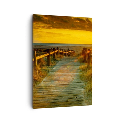 Impression sur toile - Image sur toile - Un chemin en bois menant à la plage à la lueur du soleil couchant - 50x70cm - Baigné dans le vieil or - Décoration murale moderne pour le salon et la chambre ARTTOR
