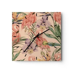 Horloge murale - Pendule murale - Flamants roses et fleurs tropicales sur fond clair - 30x30cm - Ballet rose dans les fleurs - Décoration murale moderne pour le salon et la chambre ARTTOR
