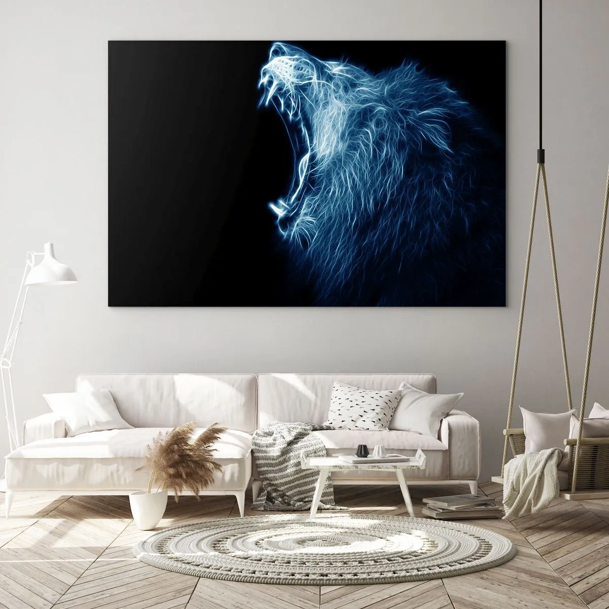 Impression sur verre - Image sur verre - Une représentation néon saisissante d'un lion rugissant sur fond noir. - 120x80cm - La colère ardente du roi - Décoration murale moderne pour le salon et la chambre ARTTOR