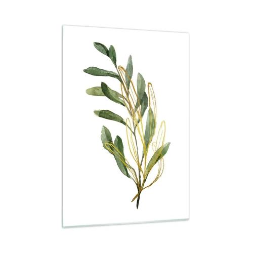 Impression sur verre - Image sur verre - Une branche verte avec un délicat accent doré - 50x70cm - Tout ce qui est bon - Décoration murale moderne pour le salon et la chambre ARTTOR