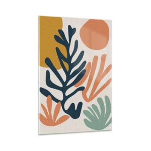 Impression sur verre - Image sur verre - Feuilles colorées dans un style abstrait - 80x120cm - Mers de corail - Décoration murale moderne pour le salon et la chambre ARTTOR