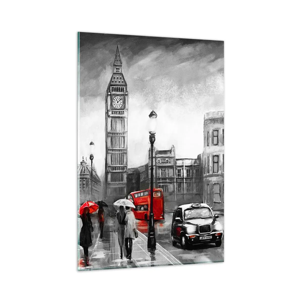 Impression sur verre - Image sur verre - Une scène londonienne en noir et blanc avec des accents rouges - 80x120cm - Pas du tout une ville grise - Décoration murale moderne pour le salon et la chambre ARTTOR