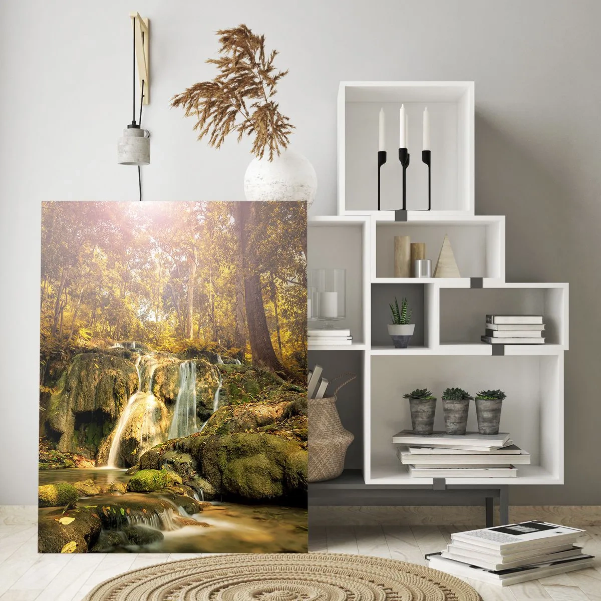 Impression sur verre - Image sur verre - Cascade forestière dans la verdure - 50x70cm - Cascade de forêt en vert - Décoration murale moderne pour le salon et la chambre ARTTOR
