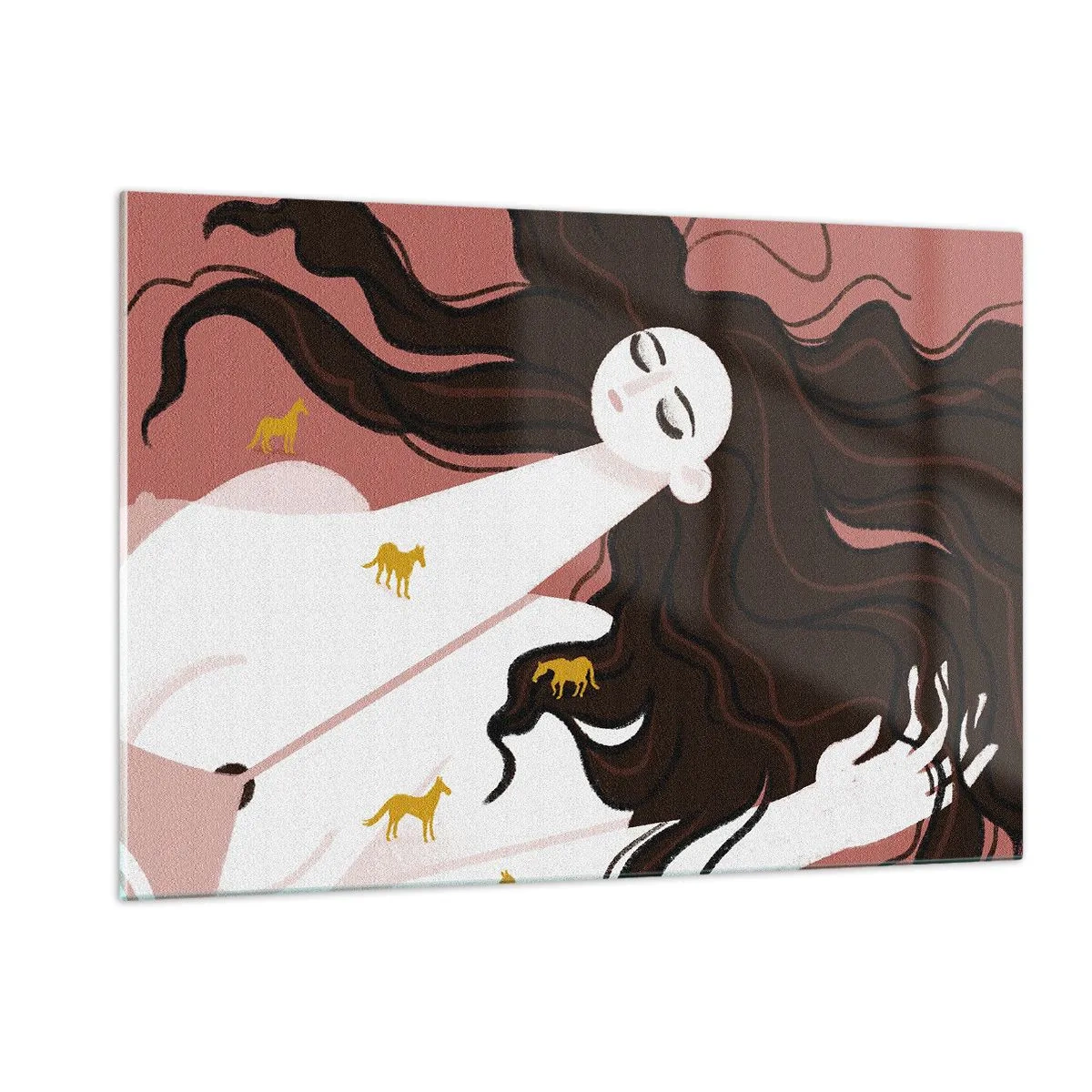 Impression sur verre - Image sur verre - Une femme aux cheveux longs et aux chevaux dorés sur fond rose. - 120x80cm - Rêve d'un cheval d'or - Décoration murale moderne pour le salon et la chambre ARTTOR