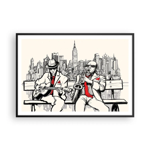 Affiche dans un cadre noir - Poster - Un duo de jazz avec saxophone et guitare sur fond de ville - 100x70cm - improvisation new-yorkaise - Décoration murale moderne pour le salon et la chambre ARTTOR