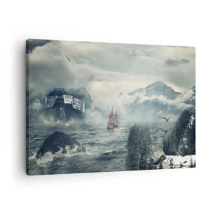 Impression sur toile - Image sur toile - Un paysage mystérieux avec un château, des montagnes et un navire - 70x50cm - Dans l'eau magique - Décoration murale moderne pour le salon et la chambre ARTTOR