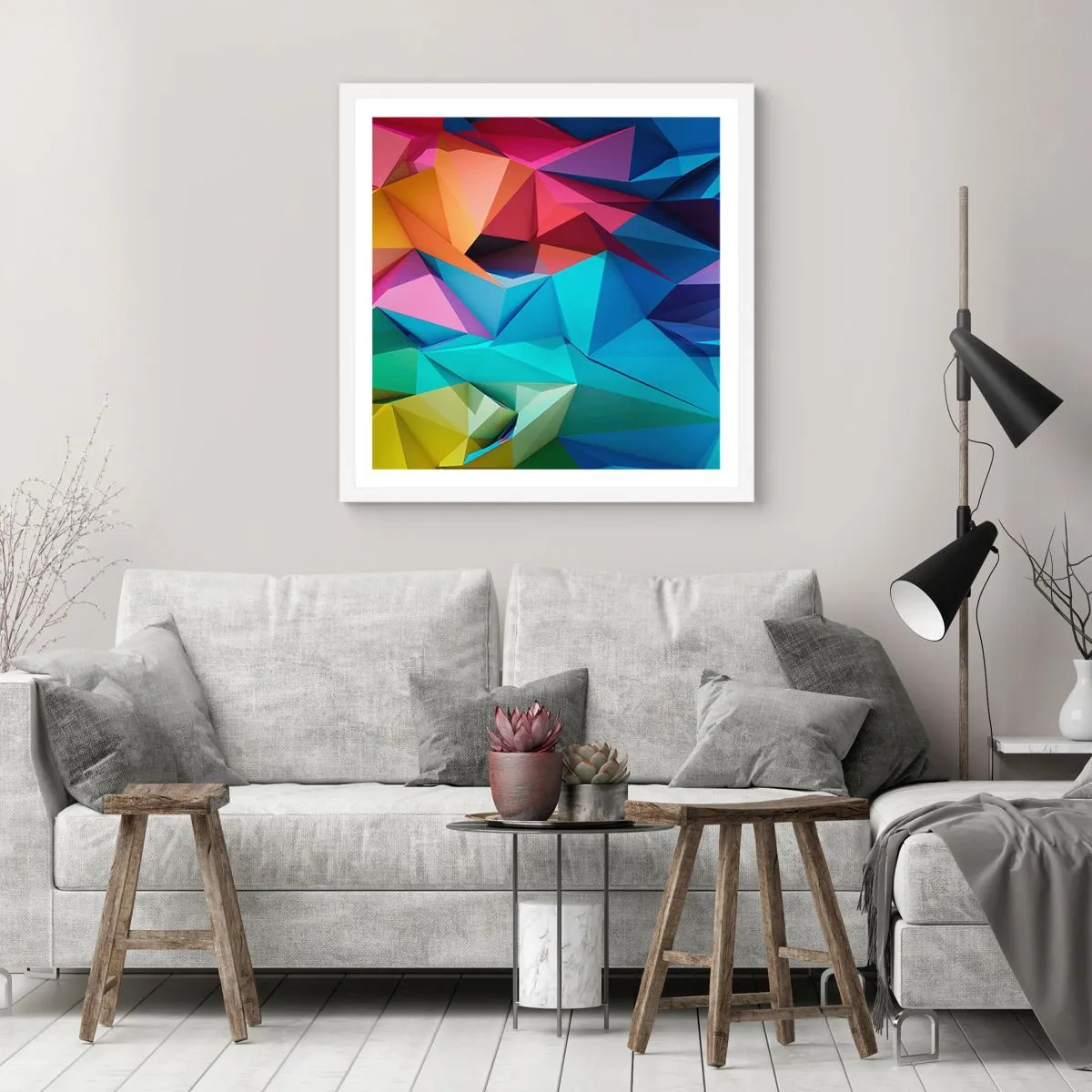 Affiche dans un cadre blanc - Poster - Origami arc-en-ciel - 40x40 cm