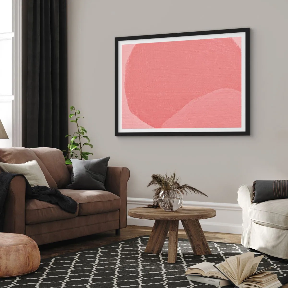 Affiche dans un cadre noir - Poster - Abstraction délicate dans des tons de rose, formes organiques et minimalisme - 100x70cm - Composition organique en rose - Décoration murale moderne pour le salon et la chambre ARTTOR