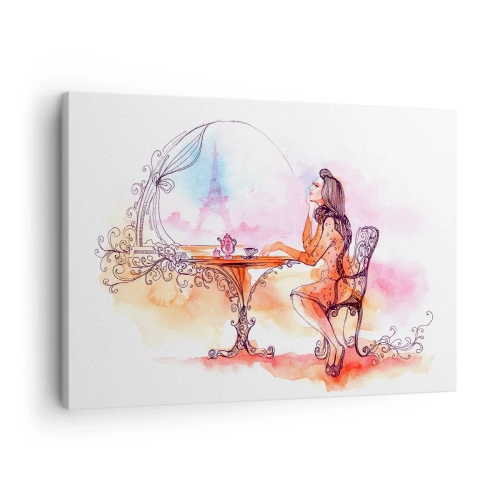Impression sur toile - Image sur toile - Aquarelle romantique d'une femme dans un café surplombant une tour - 70x50cm - Le chic parisien - Décoration murale moderne pour le salon et la chambre ARTTOR