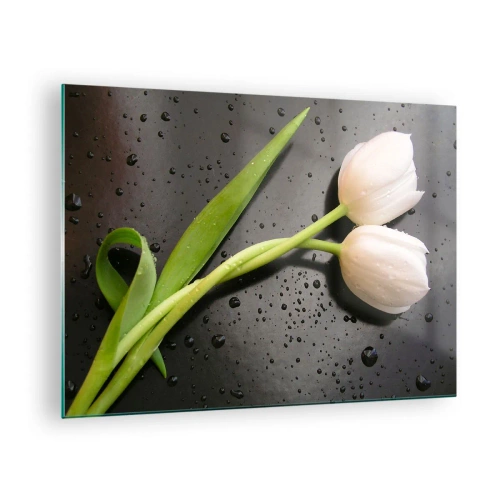 Impression sur verre - Image sur verre - Tulipes blanches sur fond de gouttes d'eau - 70x50cm - Tissage de printemps - Décoration murale moderne pour le salon et la chambre ARTTOR