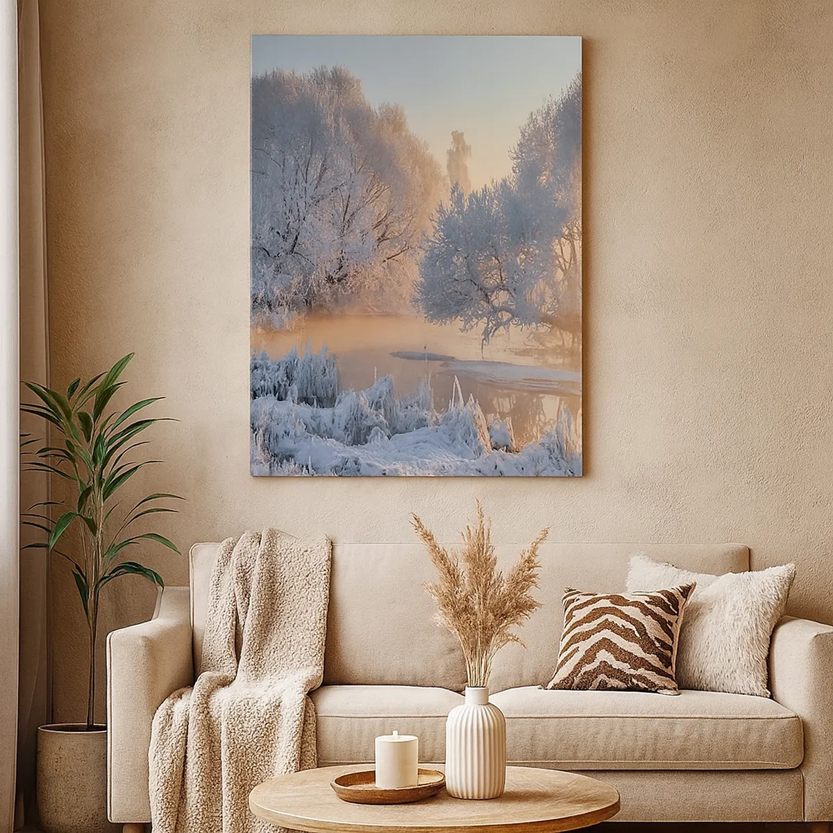 Impression sur toile - Image sur toile - Paysage d'hiver avec des arbres enneigés et un coucher de soleil - 50x70cm - Tout dans le soleil brille en cristal - Décoration murale moderne pour le salon et la chambre ARTTOR