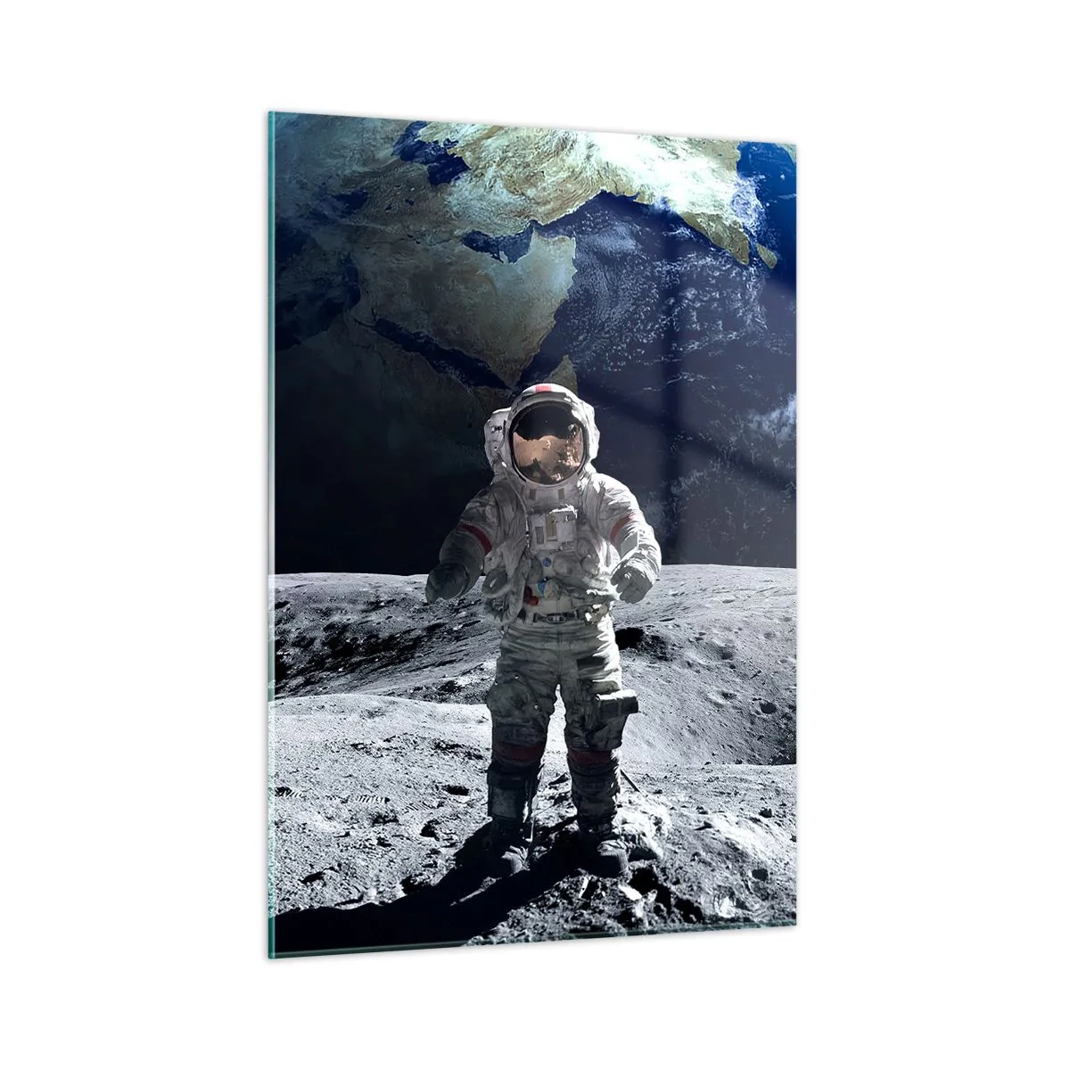 Impression sur verre - Image sur verre - Astronaute à la surface de la Lune avec la Terre en arrière-plan - 50x70cm - Salutations de la lune - Décoration murale moderne pour le salon et la chambre ARTTOR