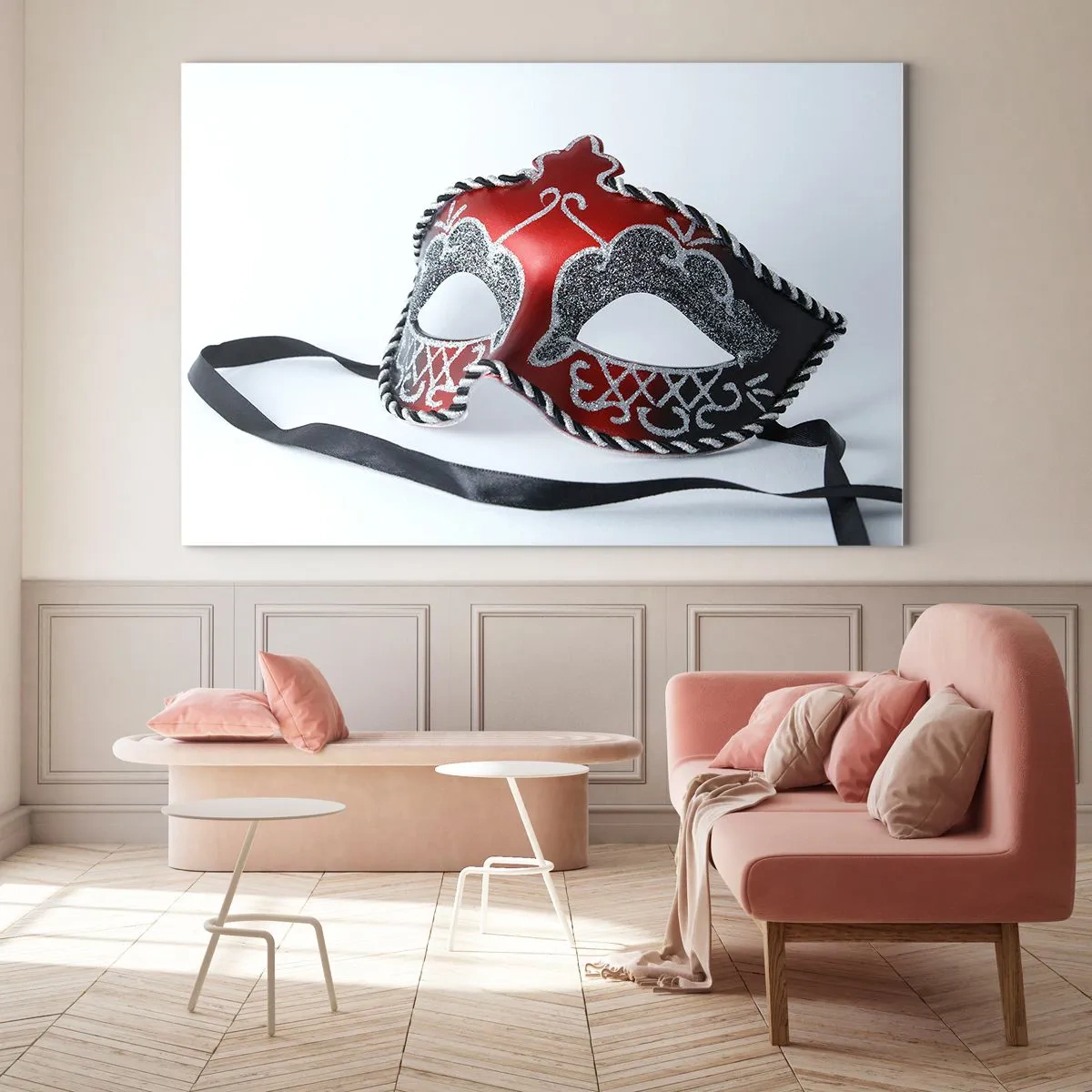 Impression sur verre - Image sur verre - Masque de carnaval en rouge et argent - 120x80cm - Invitation au bal - Décoration murale moderne pour le salon et la chambre ARTTOR