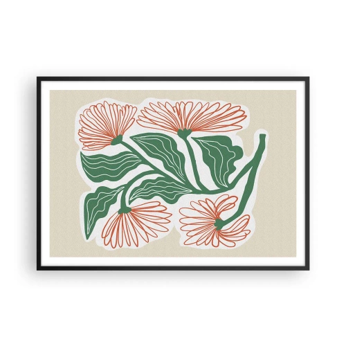 Affiche dans un cadre noir - Poster - Un dessin de fleurs dans un style minimaliste avec des feuilles vertes - 100x70cm - Folk et moderne - Décoration murale moderne pour le salon et la chambre ARTTOR