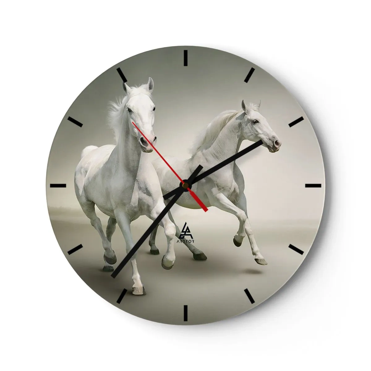 Horloge murale - Pendule murale - Deux chevaux blancs courant sur un fond lumineux - 30x30cm - White power! - Décoration murale moderne pour le salon, la cuisine et la chambre ARTTOR