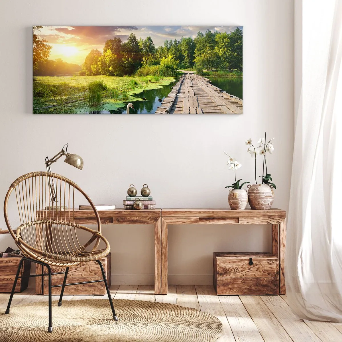 Impression sur toile - Image sur toile - Un paysage pittoresque avec un pont et un cygne - 120x50cm - L'été, l'été partout - Décoration murale moderne pour le salon et la chambre ARTTOR