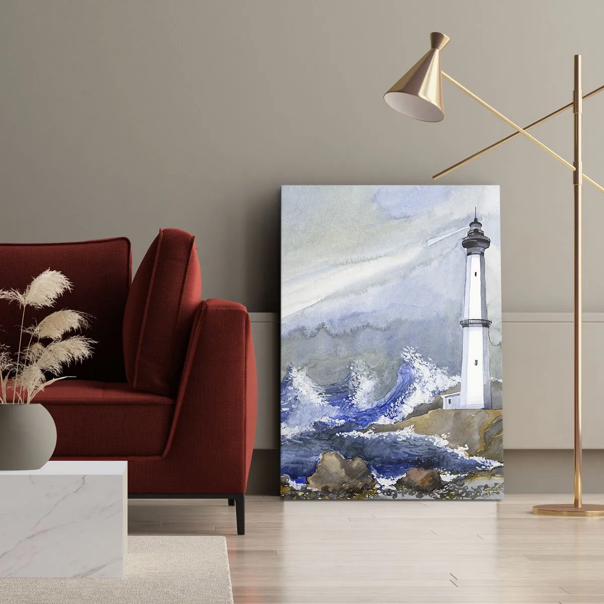 Impression sur toile - Image sur toile - Un phare sur un rivage rocheux avec une mer agitée - 50x70cm - Contre l'obscurité et la tempête - Décoration murale moderne pour le salon et la chambre ARTTOR