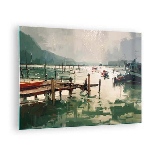 Impression sur verre - Image sur verre - Une jetée en bois et des bateaux sur une eau calme entourée de montagnes - 70x50cm - Trempé dans une lune en fusion - Décoration murale moderne pour le salon et la chambre ARTTOR